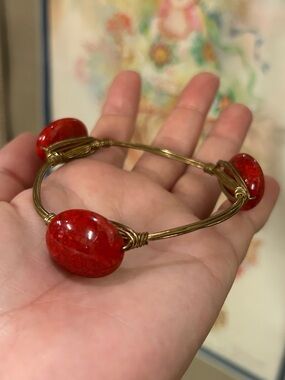 Gold Wire Wrapped Bracelet with Red Marble Stone Beads